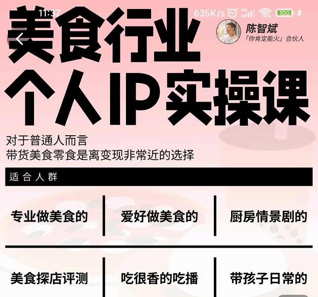 美食行业个人IP实操课，对于普通人而言，带货美食零食是离变现非常近的选择大成网创吧-网创项目资源站-副业项目-创业项目-搞钱项目大成网创吧