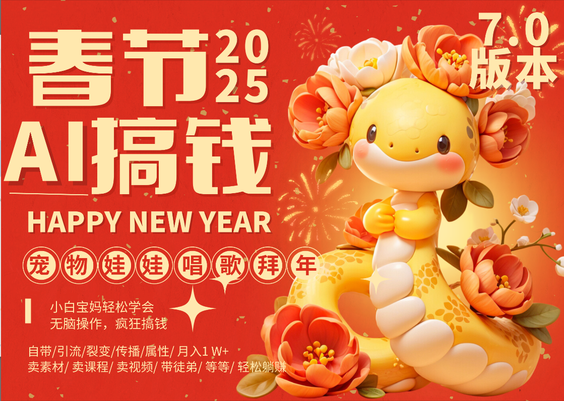 AI春节搞钱7.0升级版 蝴蝶号超火爆萌宠唱歌拜年  AI一键制作 批量出内容   春节做轻松躺赚 每日轻松十分钟  月赚米1W+  抓紧冲！可做视频 可卖素材只带小白和宝妈！大成网创吧-网创项目资源站-副业项目-创业项目-搞钱项目大成网创吧