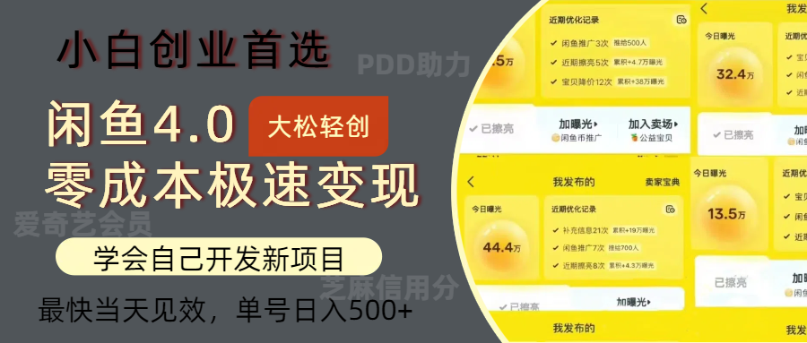 闲鱼0成本极速变现项目，多种变现方式，单号日入500+最新玩法大成网创吧-网创项目资源站-副业项目-创业项目-搞钱项目大成网创吧