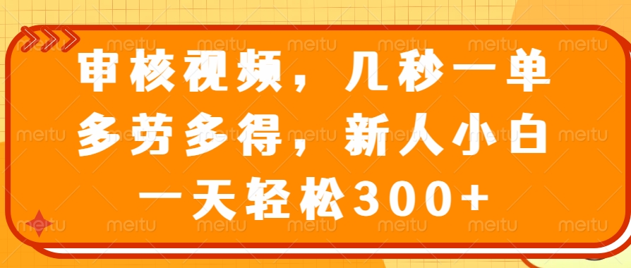 审核视频项目，几秒一单，多劳多得，新人小白一天轻松300+大成网创吧-网创项目资源站-副业项目-创业项目-搞钱项目大成网创吧