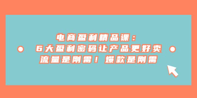 电商 盈利精品课：6大盈利 密码让产品更好卖，流量是刚需！爆款是刚需大成网创吧-网创项目资源站-副业项目-创业项目-搞钱项目大成网创吧