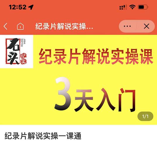 石头纪实·纪录片解说实操课，3天入门，快速掌握纪录片解说视频制作大成网创吧-网创项目资源站-副业项目-创业项目-搞钱项目大成网创吧