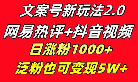 文案号新玩法 网易热评+抖音文案 一天涨粉1000+ 多种变现模式 泛粉也可变现大成网创吧-网创项目资源站-副业项目-创业项目-搞钱项目大成网创吧