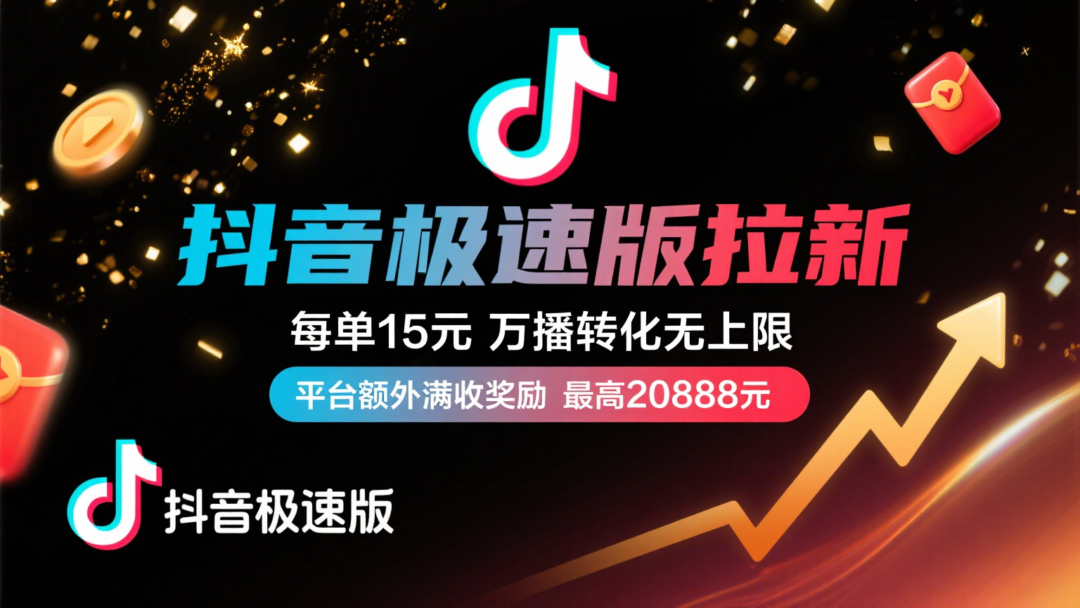 抖音极速版放福利，每单15元，万播转化无上限，平台额外满收奖励，最高可领20888元大成网创吧-网创项目资源站-副业项目-创业项目-搞钱项目大成网创吧