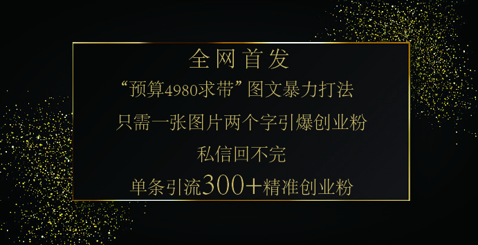 小红书，“预算 4980 带我飞” 的神奇图片引流法，堪称涨粉核武器！只需一张图，就能单条笔记凭借此方法，轻松引流 300 + 精准创业粉！大成网创吧-网创项目资源站-副业项目-创业项目-搞钱项目大成网创吧