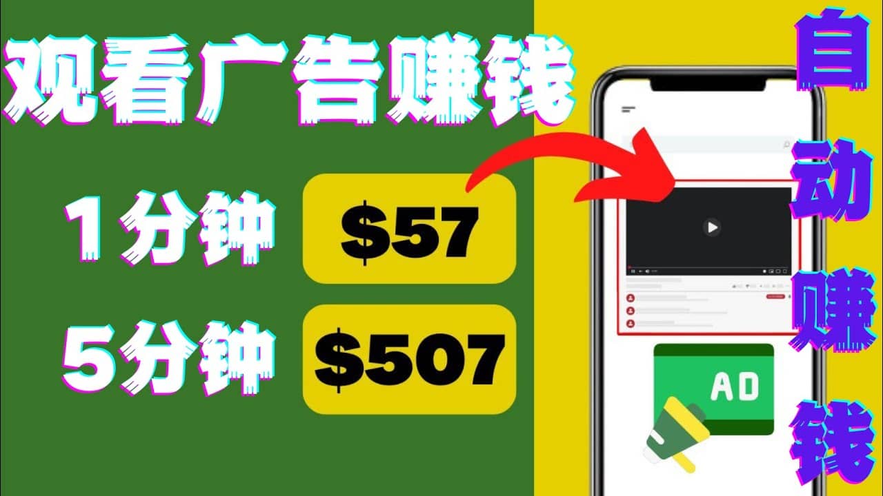 观看视频广告，只需要点击广告，每5分钟赚57美元大成网创吧-网创项目资源站-副业项目-创业项目-搞钱项目大成网创吧