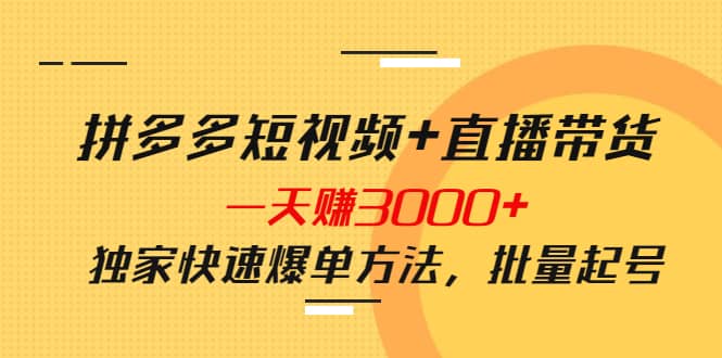 拼多多短视频+直播带货，一天赚3000+独家快速爆单方法，批量起号大成网创吧-网创项目资源站-副业项目-创业项目-搞钱项目大成网创吧