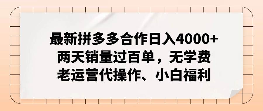 最新拼多多合作日入4000+两天销量过百单，无学费、老运营代操作、小白福利大成网创吧-网创项目资源站-副业项目-创业项目-搞钱项目大成网创吧