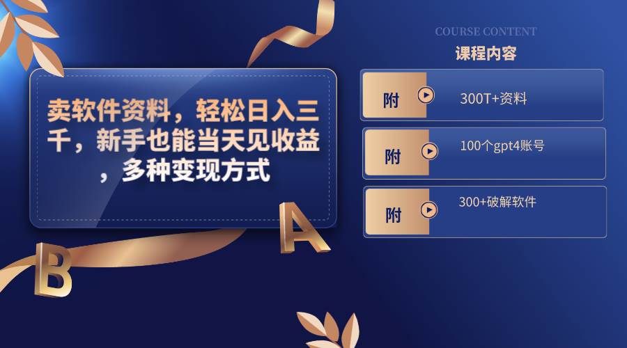 卖软件资料,轻松日入三千,新手也能当天见收益,多种变现方式,(附300T+资料,100个gpt4账号,300+破解软件)大成网创吧-网创项目资源站-副业项目-创业项目-搞钱项目大成网创吧