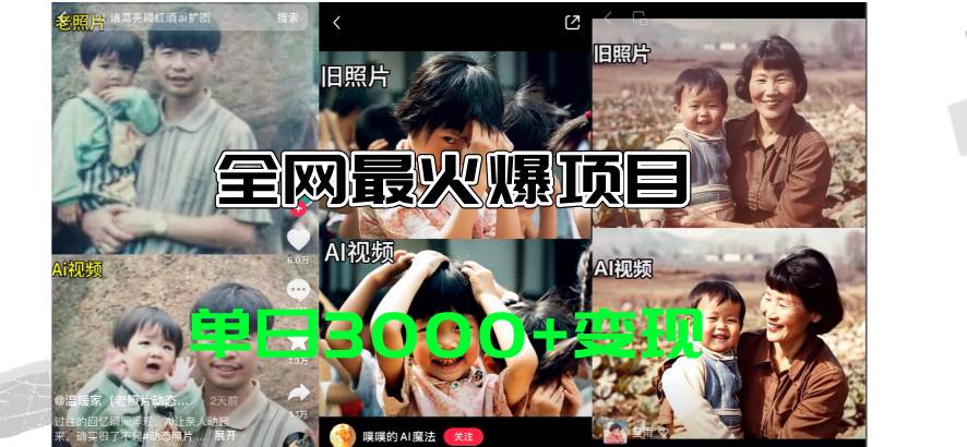 全网爆火的AI让老照片动起来教程，蹭热点日赚3000+，内含免费工具一键…大成网创吧-网创项目资源站-副业项目-创业项目-搞钱项目大成网创吧